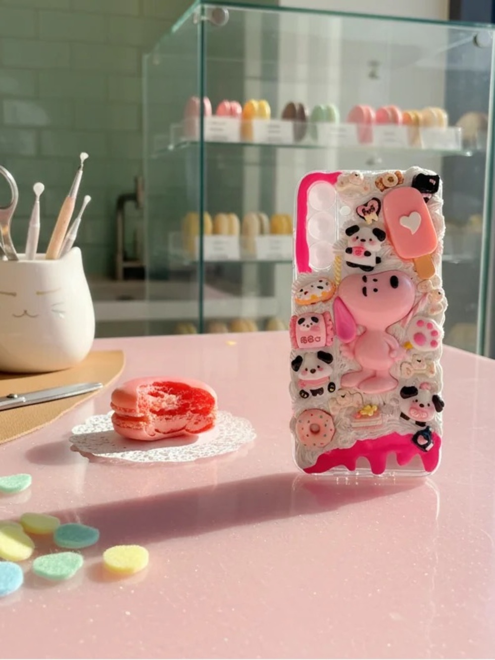 Cute Pink Snoopy Decorated Phone Case with Desserts Charms